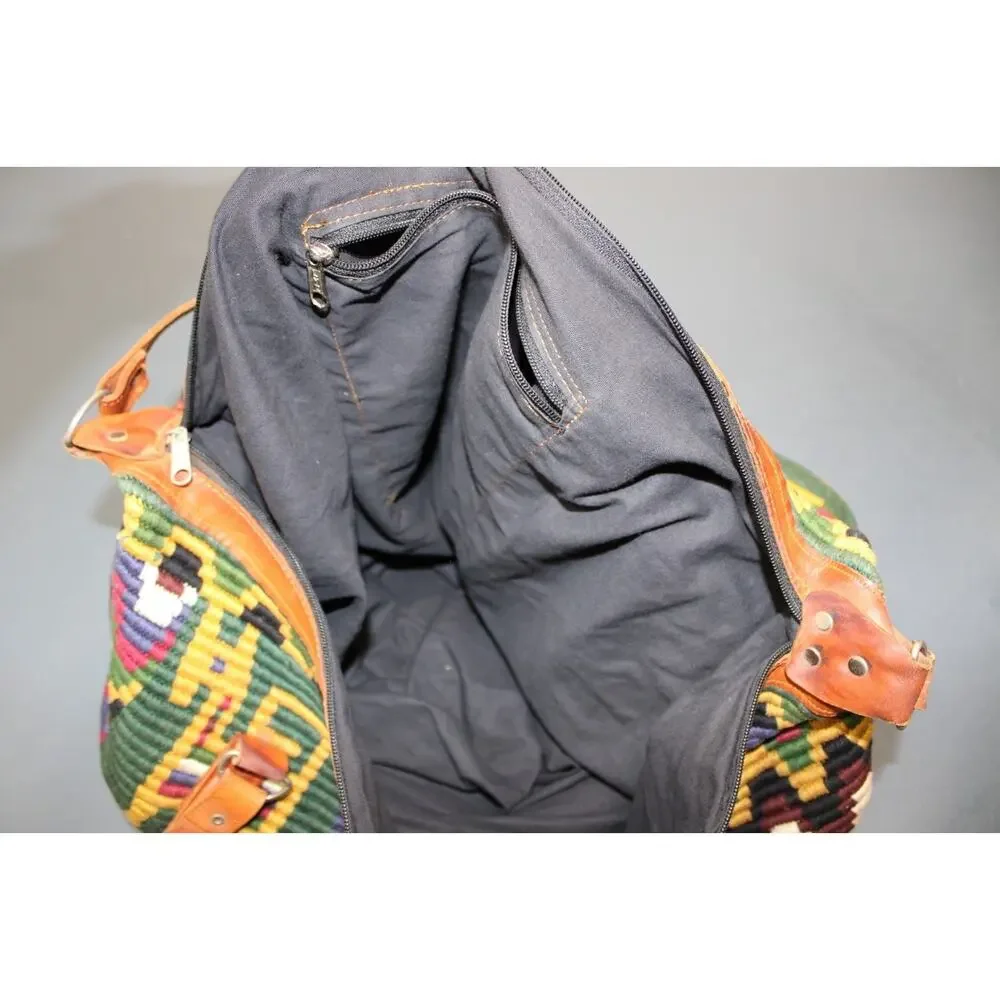 Vintage Handmade Woven Tote Bag Leather Trim Boho Guatemala Alpaca Wool Travel - Picture 12 of 14